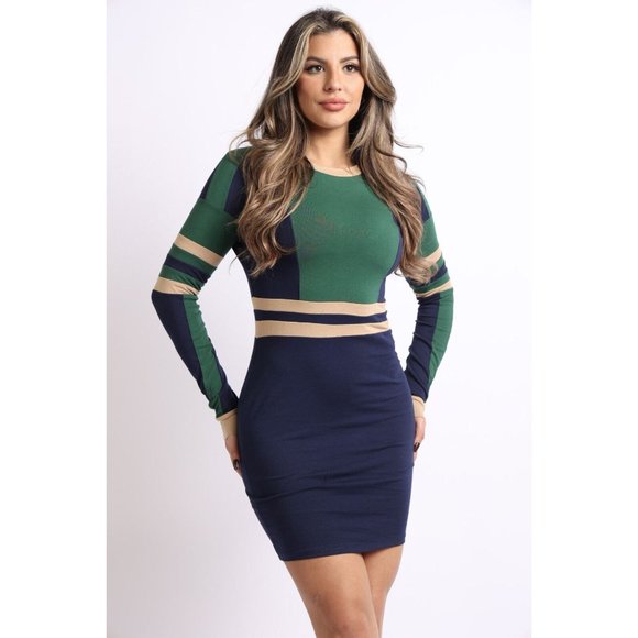 Women's Casual Colorblocked Bodycon Mini Dress Long Sleeve Round Neck Slim Fit - Picture 10 of 10